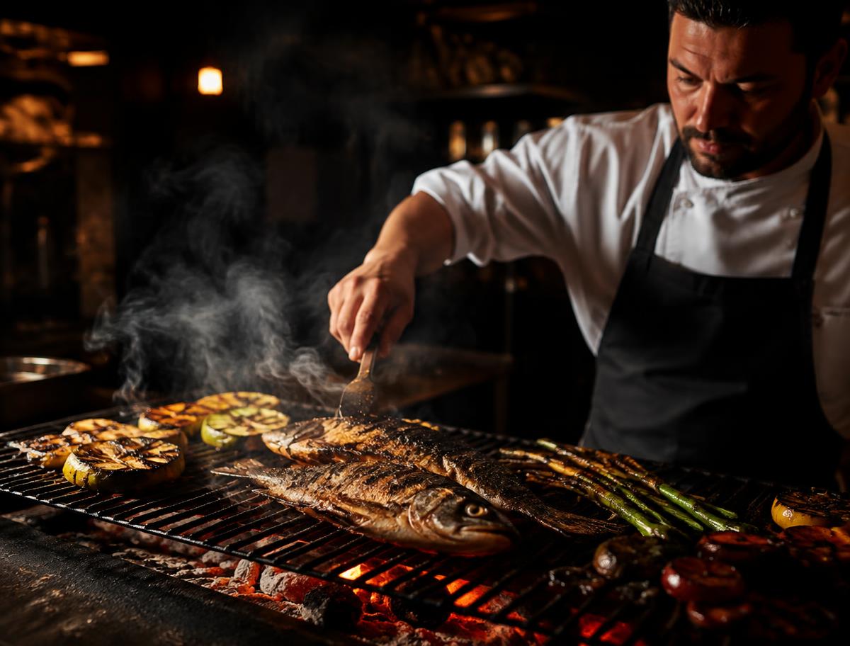 Cocinero trabajando pescado y verduras sobre las brasas