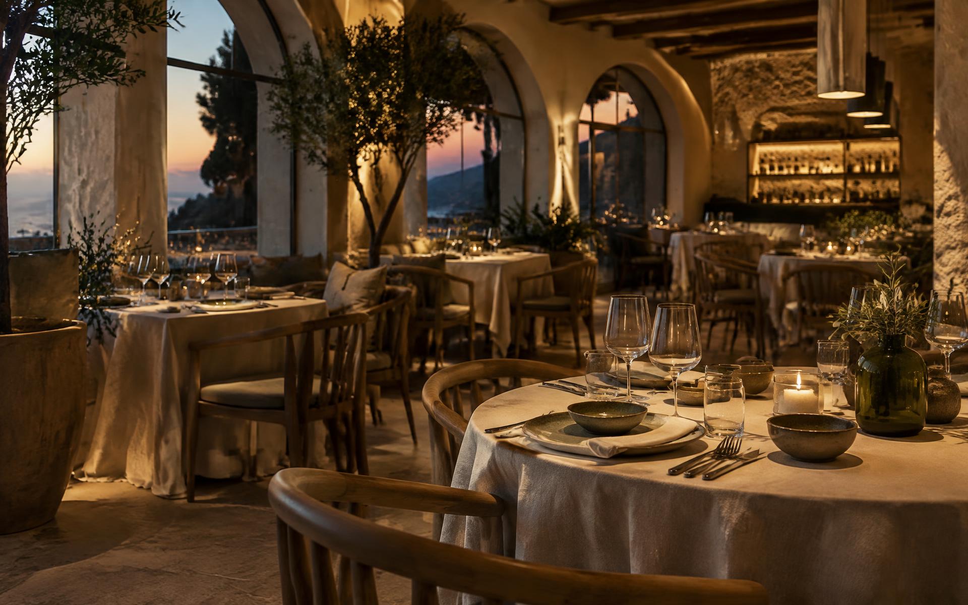 Sala de BRUMA al atardecer, con mesas vestidas en lino y luz cálida