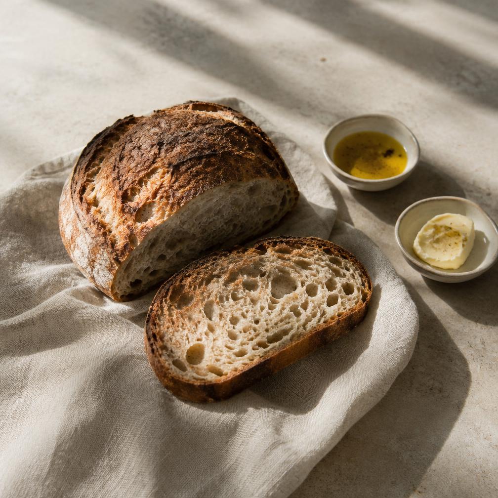 Pan de masa madre con mantequilla ahumada y aceite de oliva
