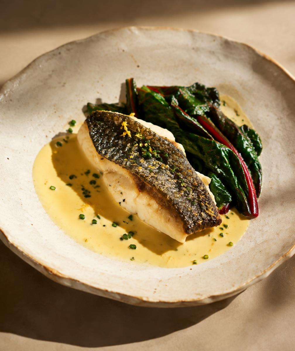 Lubina con beurre blanc de limón y acelga en plato de cerámica artesanal