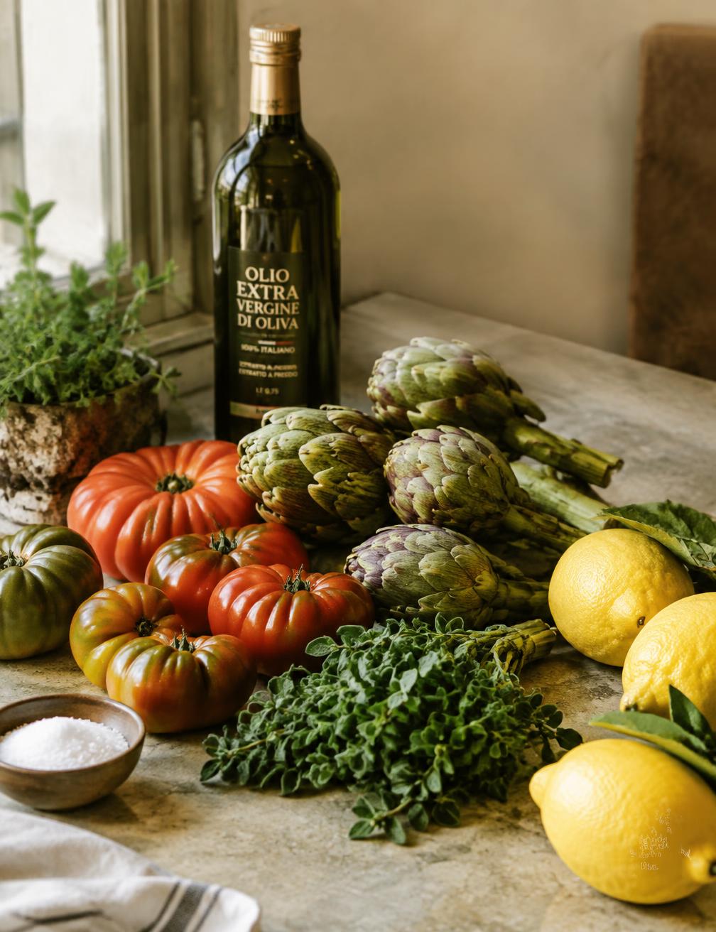 Tomates, alcachofas, limones y hierbas frescas sobre una encimera de piedra