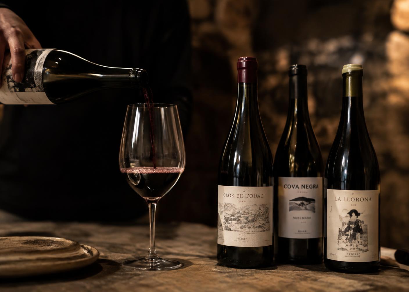 Servicio de vino junto a botellas de pequeños productores españoles